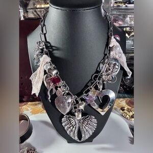 Silver Charm Necklace with Heart and Wing Accents converts to a bag charm